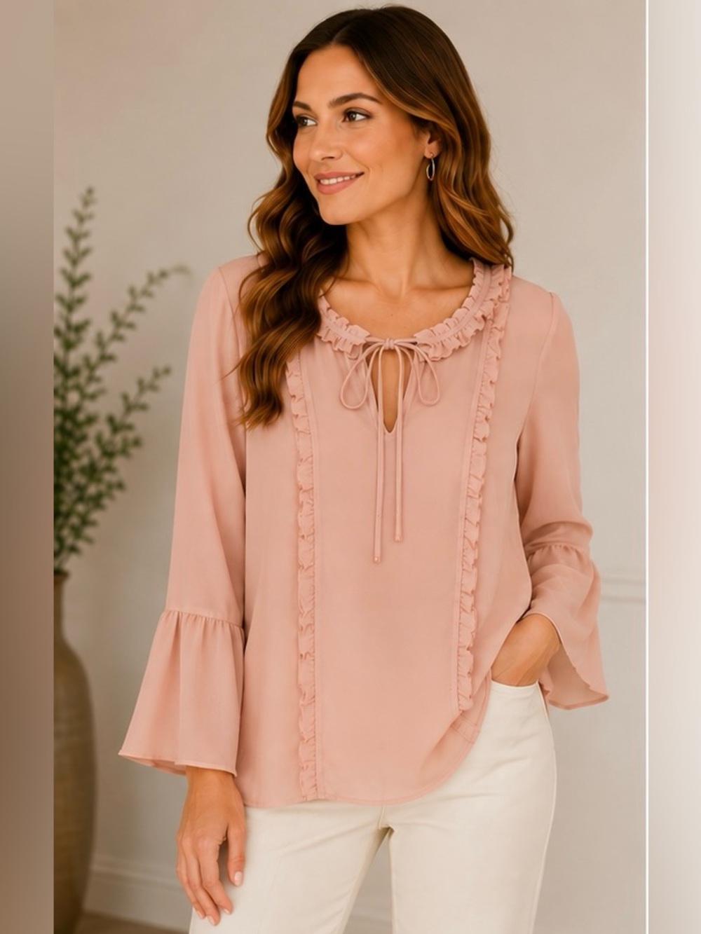 Karl Lagerfeld Women's Blush Pink Ruffle Bell Sleeve Blouse Med